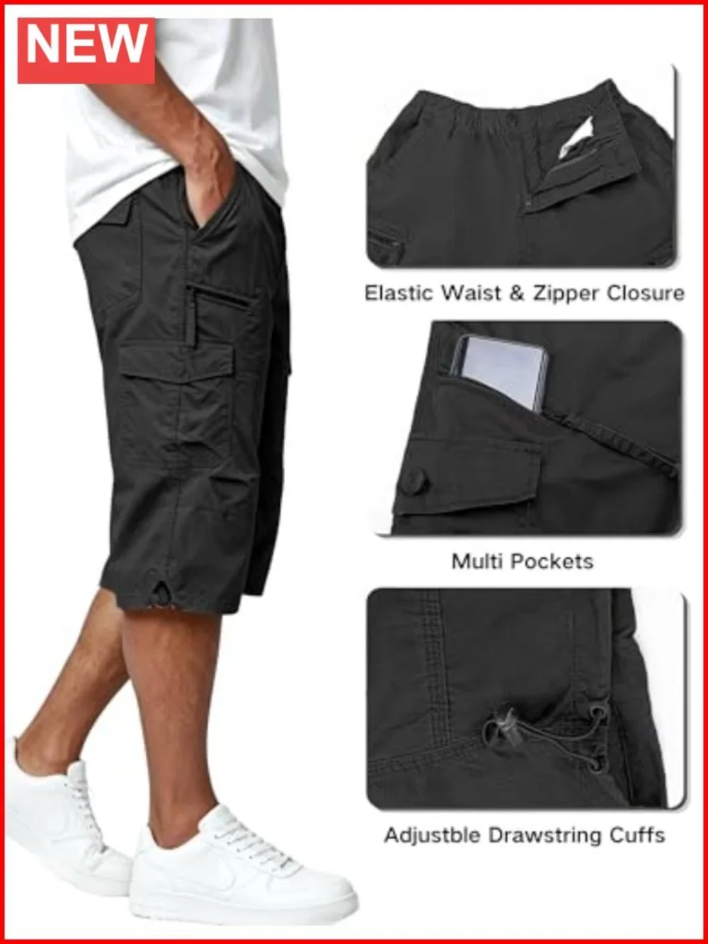 Men's Cargo Shorts - Cotton Twill Capri with 7 Pockets